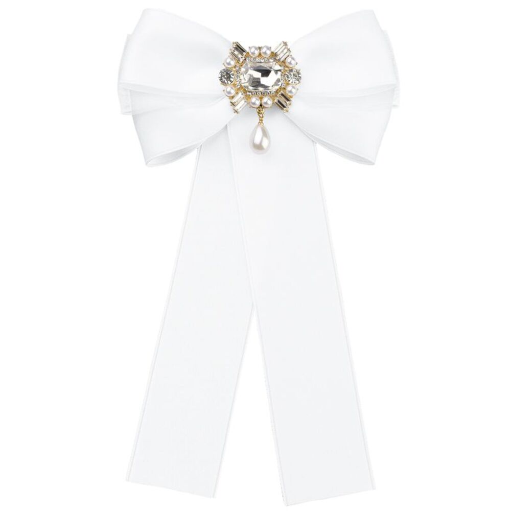 Bow Brooch Pre-Tied Bowknot with Faux Rhinestone Elegant Bow Tie White